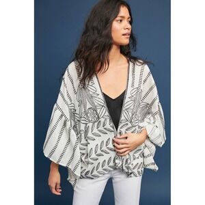 Akemi + Kin Anthropologie Embroidered Kimono Bell Sleeve Ivory Black‎ O/S